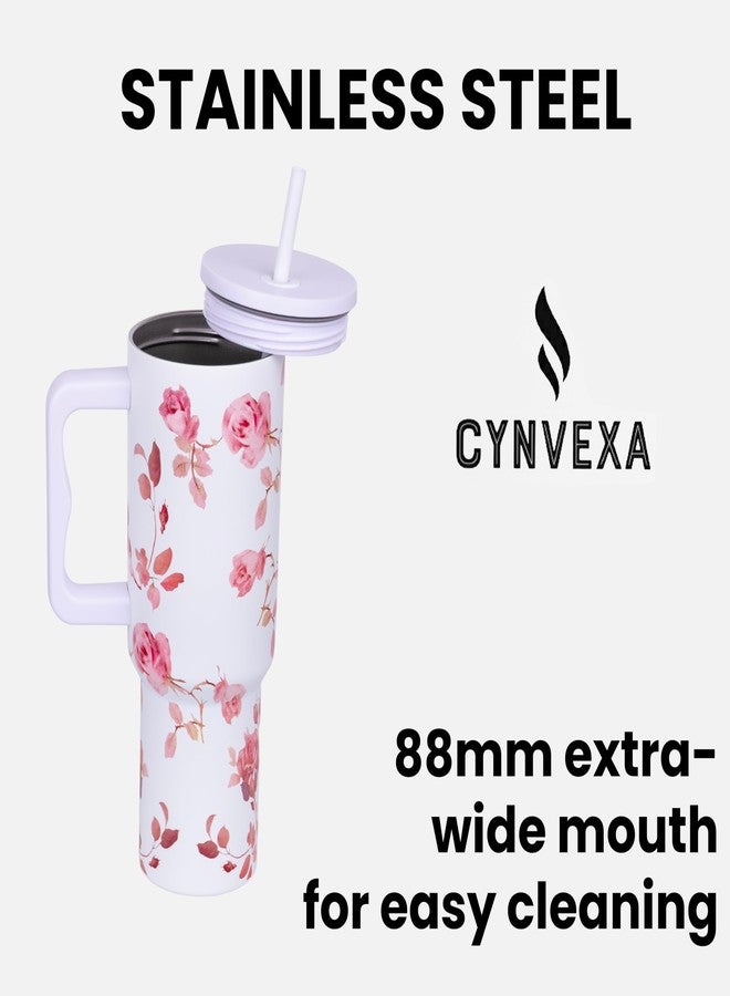 CYNVEXA كوب مع غطاء وماصة، سعة 1200 مل، مصنوع من الفولاذ المقاوم للصدأ، معزول بتفريغ الهواء، مناسب للماء أو الشاي المثلج أو القهوة، سعة 1.2 لتر، مناسب للمكتب أو النادي الرياضي أو السفر (لون أبيض وردي). - Image 4